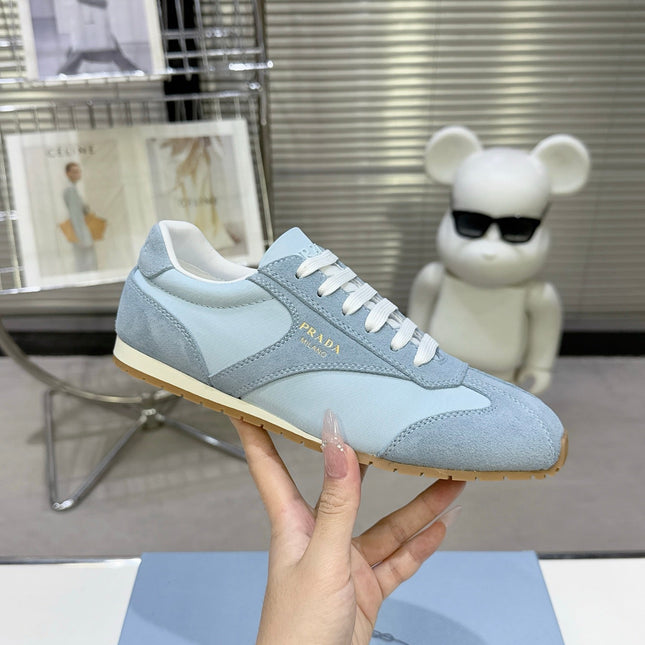 PRADA 26S LACE UP SNEAKERS IN LIGHT BLUE NYLON AND SUEDE