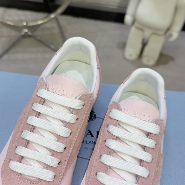 PRADA 26S LACE UP SNEAKERS IN PINK NYLON AND SUEDE