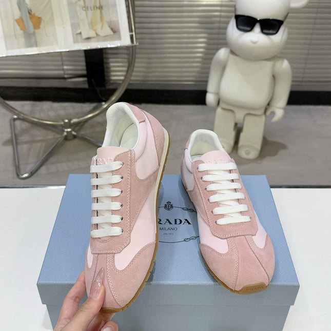 PRADA 26S LACE UP SNEAKERS IN PINK NYLON AND SUEDE