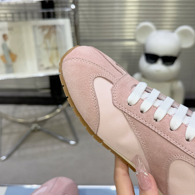 PRADA 26S LACE UP SNEAKERS IN PINK NYLON AND SUEDE