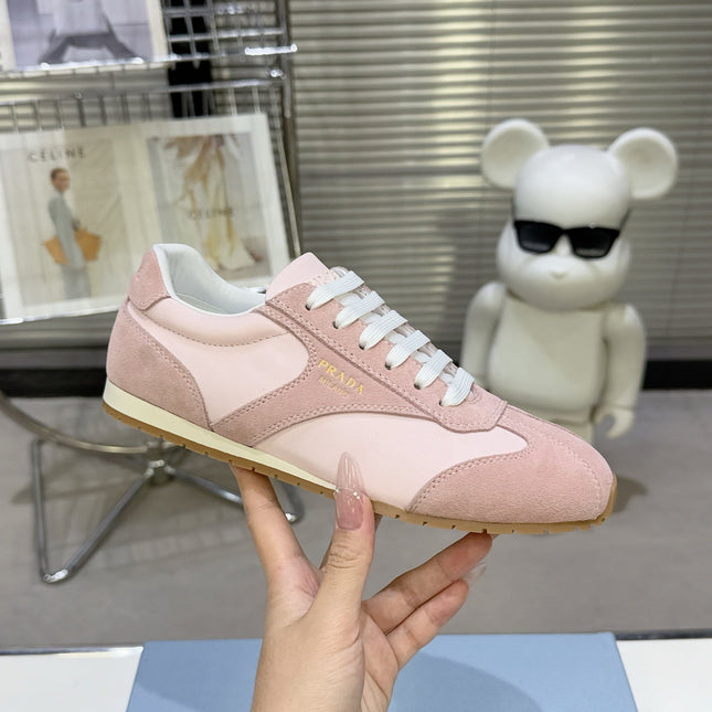 PRADA 26S LACE UP SNEAKERS IN PINK NYLON AND SUEDE