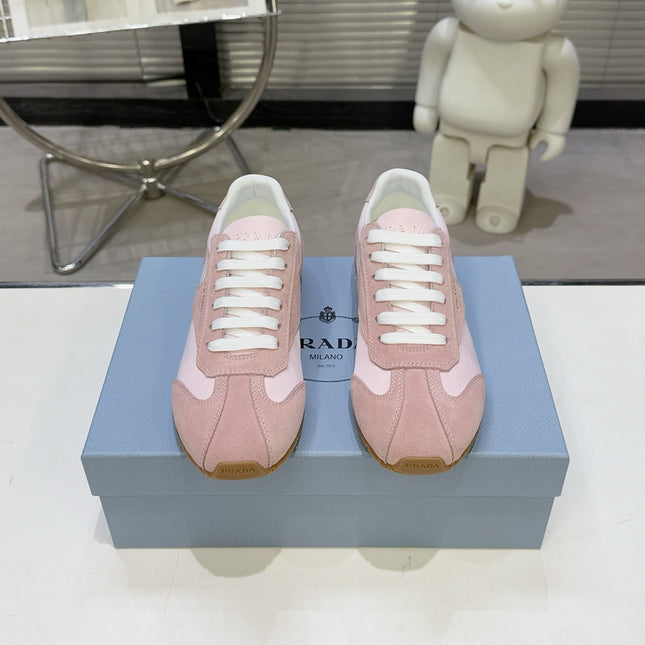 PRADA 26S LACE UP SNEAKERS IN PINK NYLON AND SUEDE