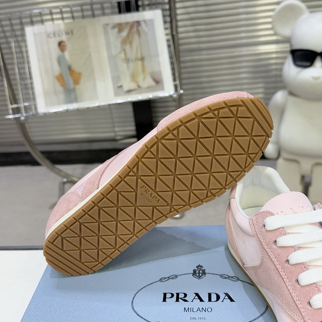 PRADA 26S LACE UP SNEAKERS IN PINK NYLON AND SUEDE