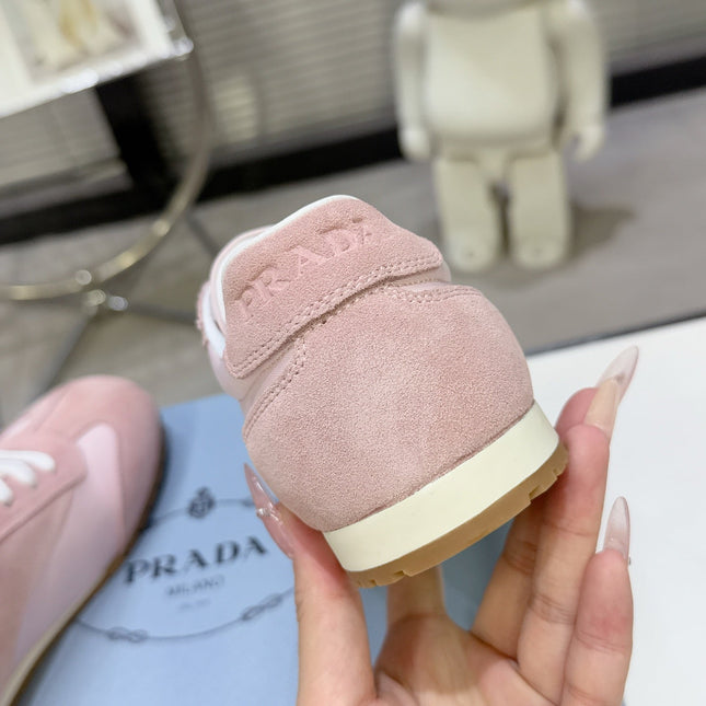 PRADA 26S LACE UP SNEAKERS IN PINK NYLON AND SUEDE