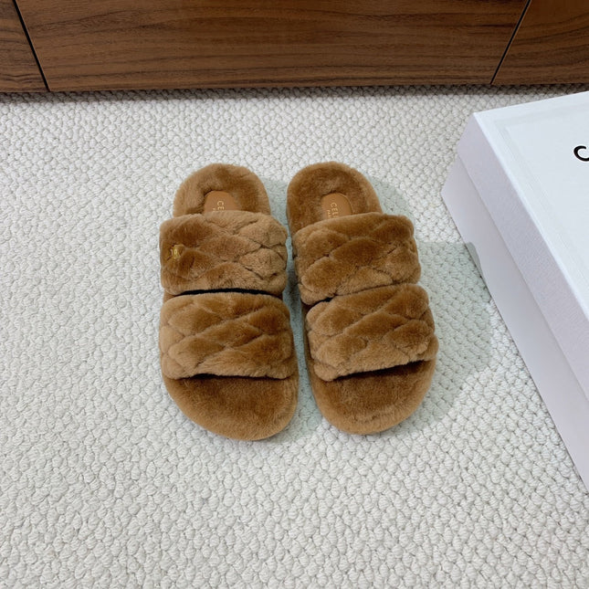 CELINE 26S TWO-STRAP QUILTED SANDALS IN BROWN WOOL