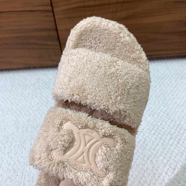 CELINE 26S TWO-STRAP SANDALS IN BEIGE WOOL