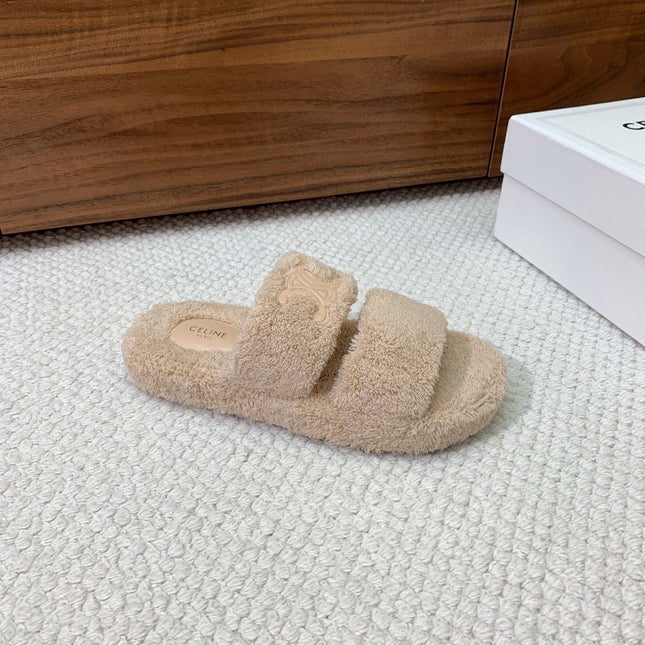 CELINE 26S TWO-STRAP SANDALS IN BEIGE WOOL
