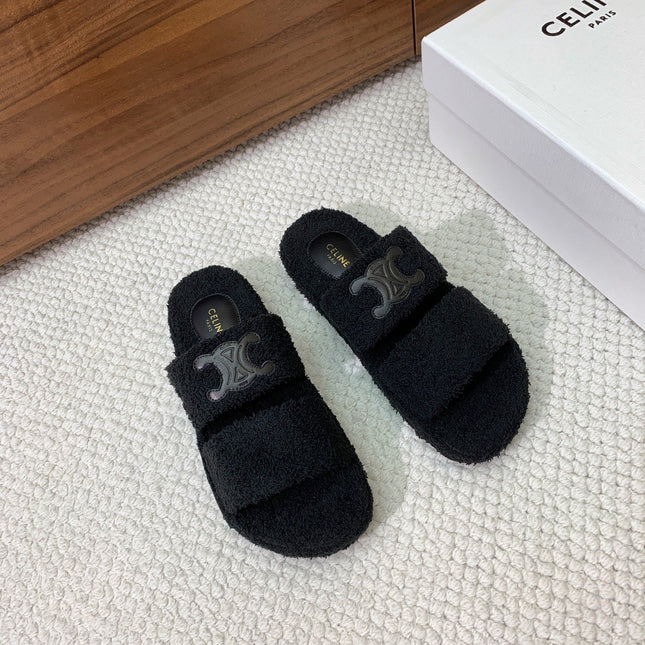 CELINE 26S TWO-STRAP SANDALS IN BLACK WOOL