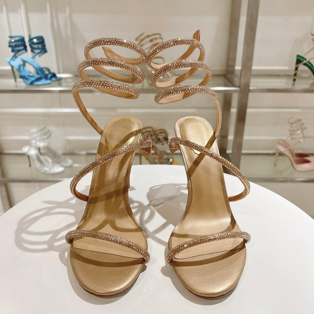 RENE CAOVILLA HIGH HEELS 100MM IN GOLD CRYSTAL STRAP