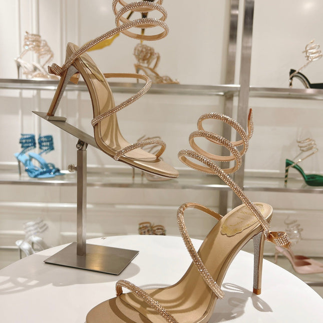 RENE CAOVILLA HIGH HEELS 100MM IN GOLD CRYSTAL STRAP