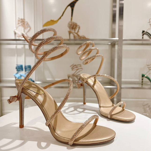 RENE CAOVILLA HIGH HEELS 100MM IN GOLD CRYSTAL STRAP