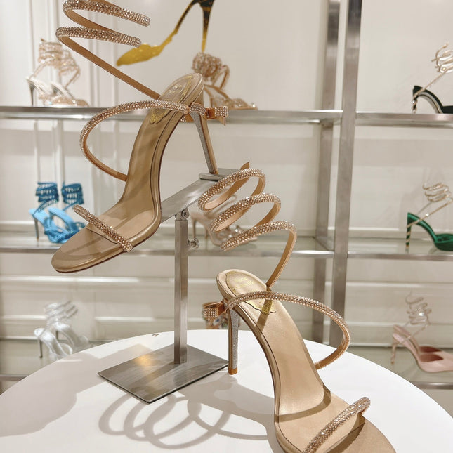 RENE CAOVILLA HIGH HEELS 100MM IN GOLD CRYSTAL STRAP