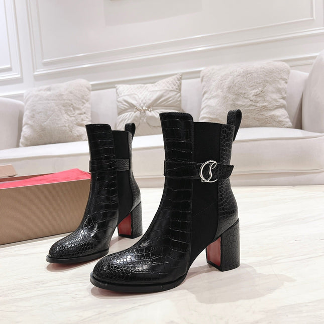 CL ANKLE BOOTS 70MM IN BLACK CROCODILE EMBOSSED CALFSKIN