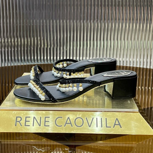 HIGH 45 MM BLOCK HEEL SANDAL IN BLACK GRAINY PEARLIZED LAMBSKIN