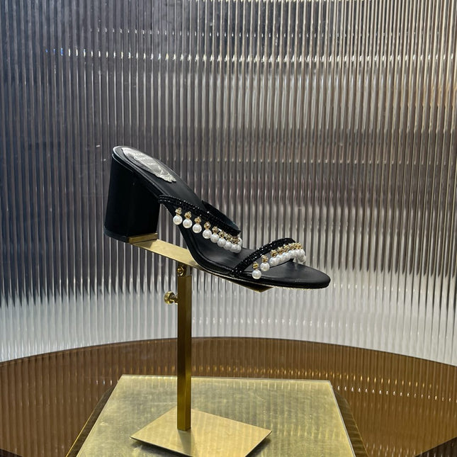 HIGH 95 MM BLOCK HEEL SANDAL IN BLACK GRAINY PEARLIZED LAMBSKIN