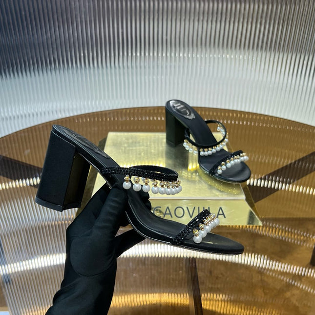 HIGH 95 MM BLOCK HEEL SANDAL IN BLACK GRAINY PEARLIZED LAMBSKIN