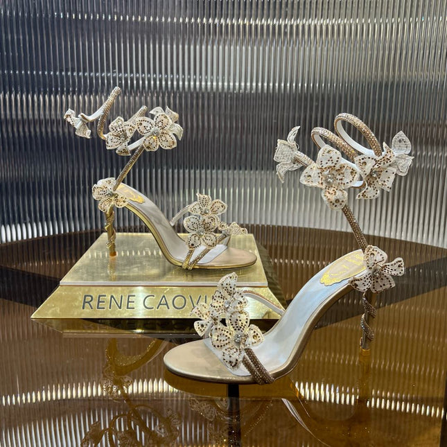 MARGOT WHITE SANDAL WITH FLOWERS 95 MM LIGHT GOLD