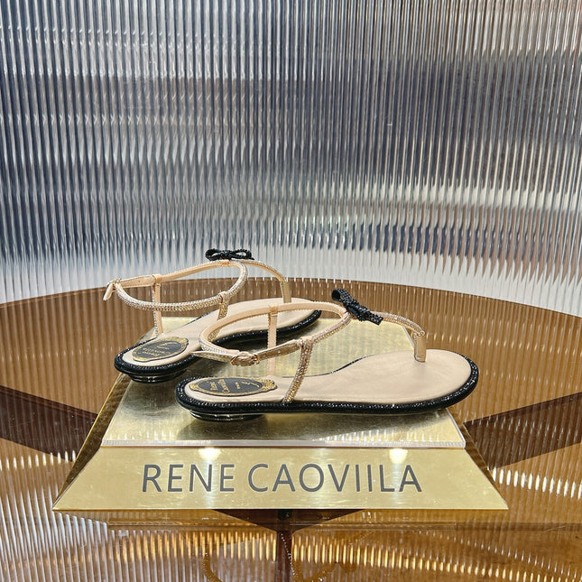 RENE CAOVILLA THONG SANDALS IN BEIGE MIX BLACK CALFSKIN