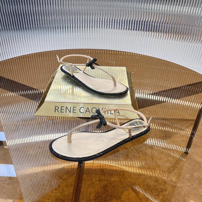 RENE CAOVILLA THONG SANDALS IN BEIGE MIX BLACK CALFSKIN