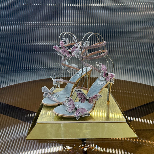 RENE CAOVILLA 26S FLORIANE HIGH HEELS 95 MM IN NUDE PINK LAMBSKIN BUTTERFLY EMBELLISHED STRAP