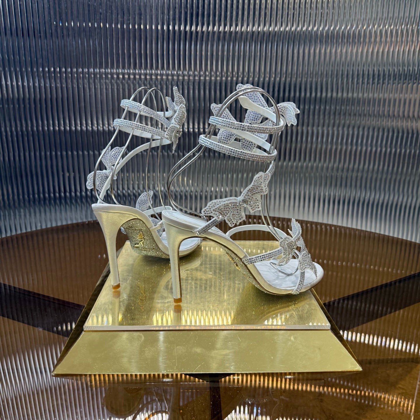 RENE CAOVILLA 26S FLORIANE HIGH HEELS 95 MM IN WHITE LAMBSKIN BUTTERFLY EMBELLISHED STRAP