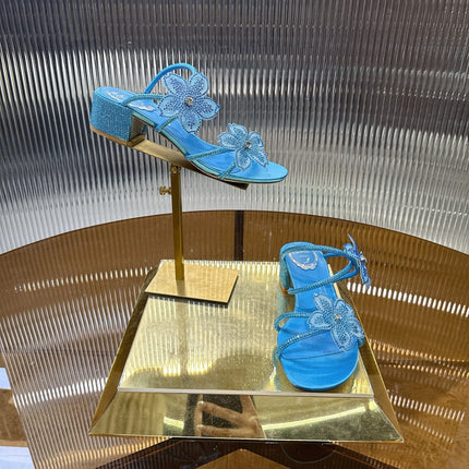 RENE CAOVILLA 26S FLOWER EMBELLISHED HEELS 45 MM IN BLUE LAMBSKIN
