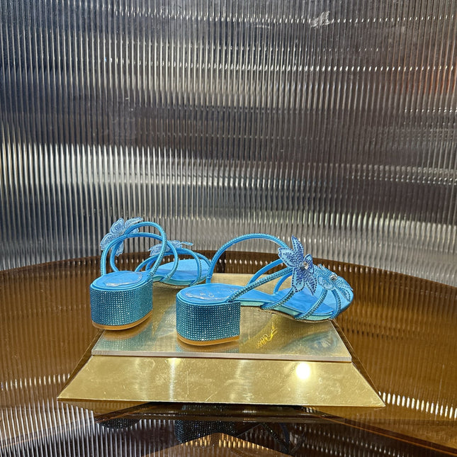 RENE CAOVILLA 26S FLOWER EMBELLISHED HEELS 45 MM IN BLUE LAMBSKIN
