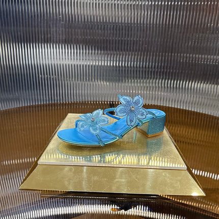 RENE CAOVILLA 26S FLOWER EMBELLISHED HEELS 45 MM IN BLUE LAMBSKIN