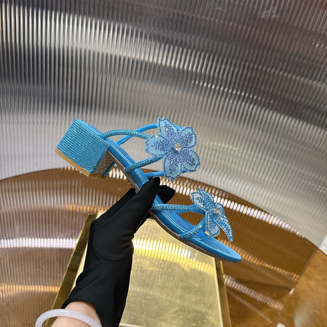 RENE CAOVILLA 26S FLOWER EMBELLISHED HEELS 45 MM IN BLUE LAMBSKIN