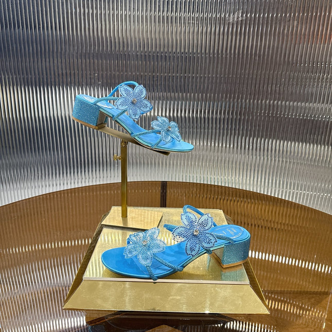 RENE CAOVILLA 26S FLOWER EMBELLISHED HEELS 45 MM IN BLUE LAMBSKIN