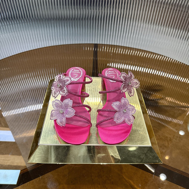 RENE CAOVILLA 26S FLOWER EMBELLISHED HEELS 45 MM IN PINK LAMBSKIN