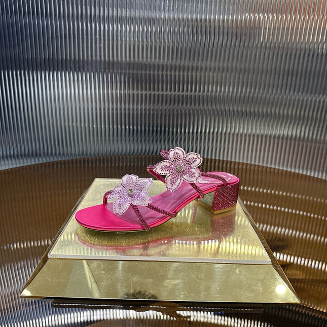 RENE CAOVILLA 26S FLOWER EMBELLISHED HEELS 45 MM IN PINK LAMBSKIN