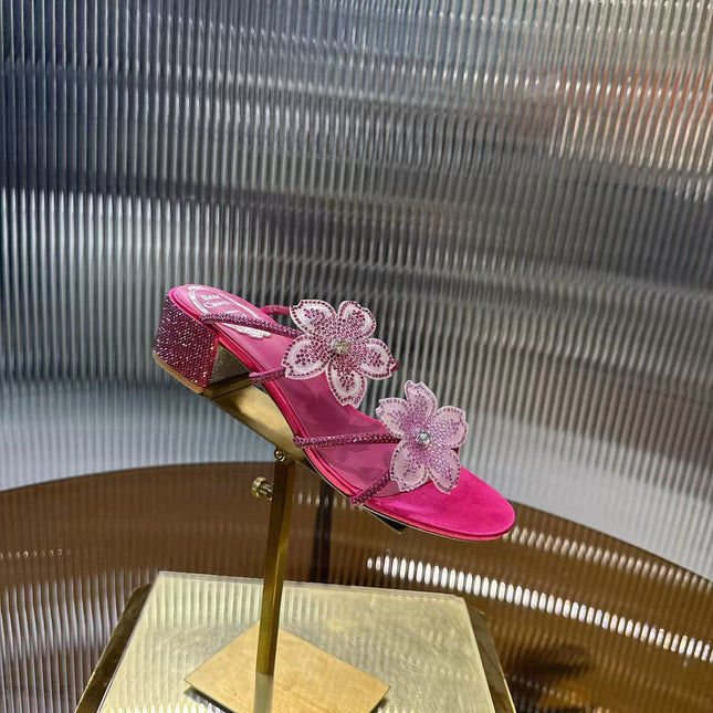 RENE CAOVILLA 26S FLOWER EMBELLISHED HEELS 45 MM IN PINK LAMBSKIN