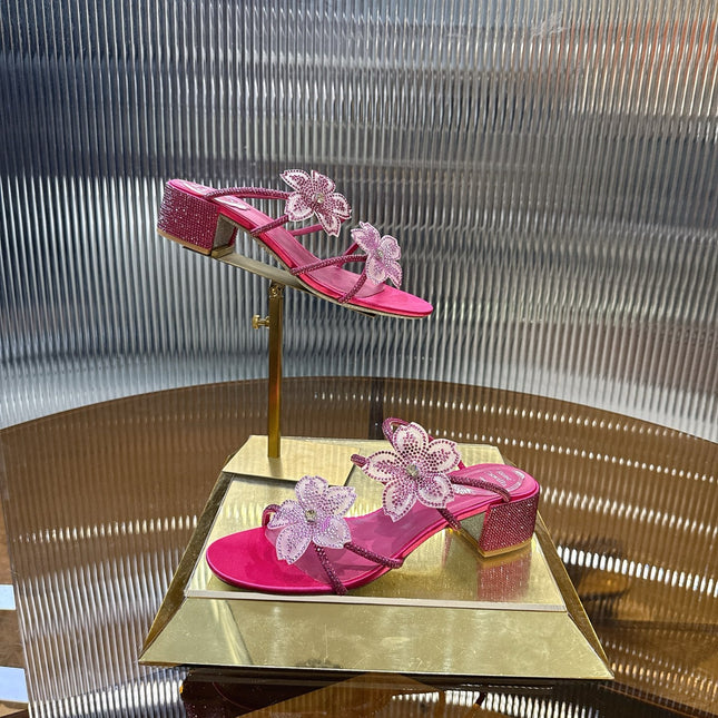 RENE CAOVILLA 26S FLOWER EMBELLISHED HEELS 45 MM IN PINK LAMBSKIN