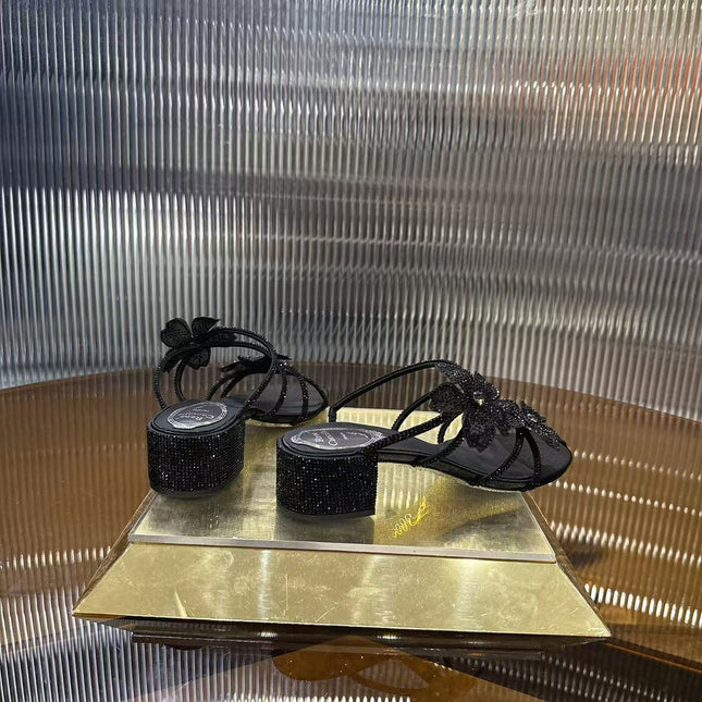 RENE CAOVILLA 26S FLOWER EMBELLISHED HEELS 45 MM IN BLACK LAMBSKIN