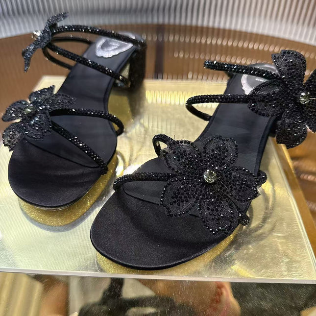RENE CAOVILLA 26S FLOWER EMBELLISHED HEELS 45 MM IN BLACK LAMBSKIN