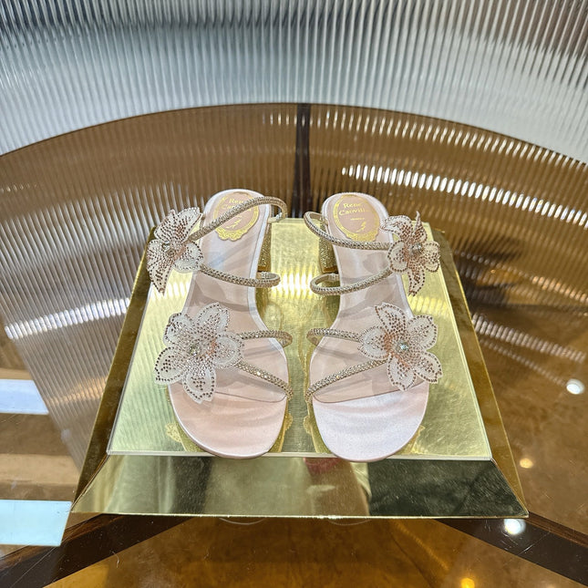 RENE CAOVILLA 26S FLOWER EMBELLISHED HEELS 45 MM IN NUDE BEIGE LAMBSKIN