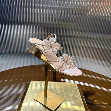 RENE CAOVILLA 26S FLOWER EMBELLISHED HEELS 45 MM IN NUDE BEIGE LAMBSKIN