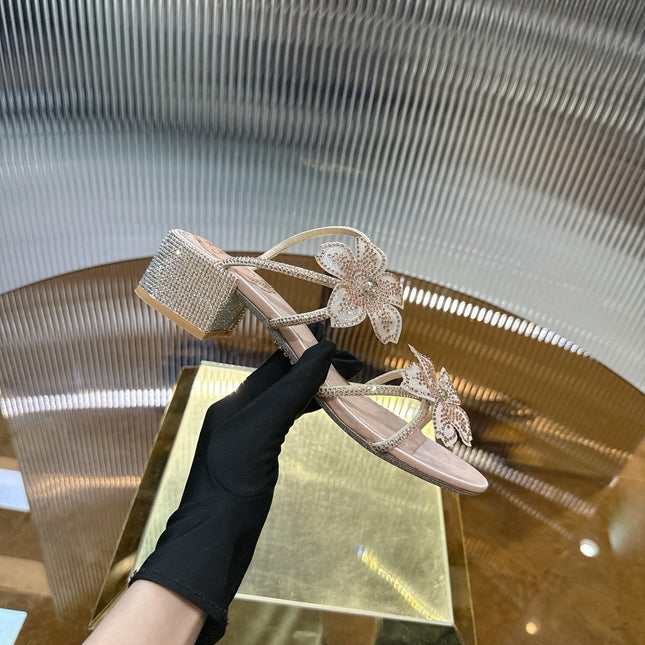 RENE CAOVILLA 26S FLOWER EMBELLISHED HEELS 45 MM IN NUDE BEIGE LAMBSKIN
