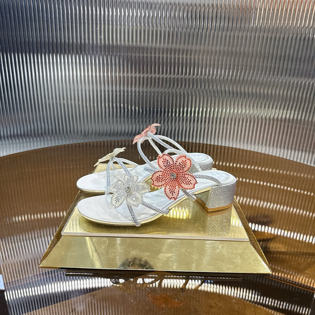 RENE CAOVILLA 26S FLOWER EMBELLISHED HEELS 45 MM IN CREAM WHITE LAMBSKIN