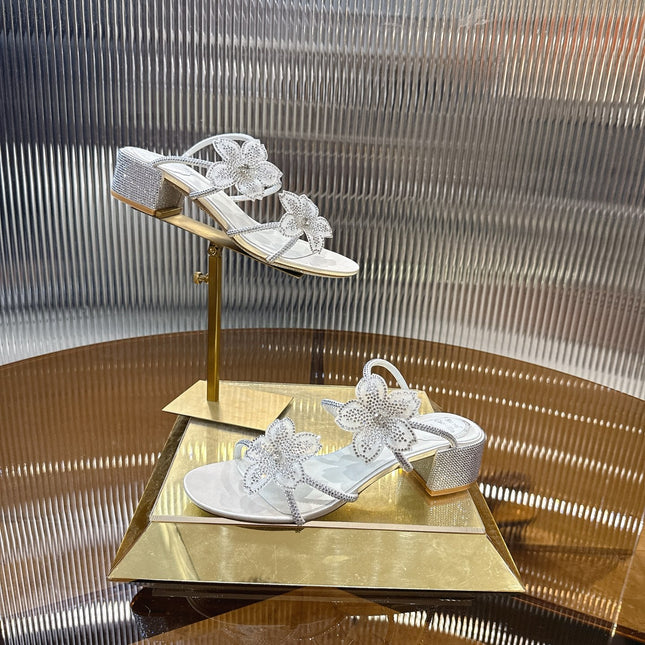 RENE CAOVILLA 26S FLOWER EMBELLISHED HEELS 45 MM IN WHITE LAMBSKIN