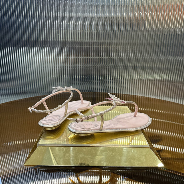 RENE CAOVILLA 26S BUTTERFLY THONG SANDALS IN BEIGE LAMBSKIN
