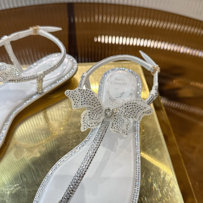 RENE CAOVILLA 26S BUTTERFLY THONG SANDALS IN SILVER & WHITE LAMBSKIN
