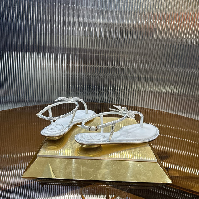RENE CAOVILLA 26S BUTTERFLY THONG SANDALS IN SILVER & WHITE LAMBSKIN