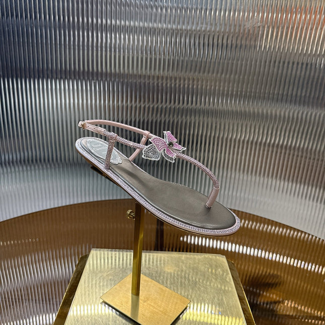 RENE CAOVILLA 26S BUTTERFLY THONG SANDALS IN SILVER & PINK LAMBSKIN