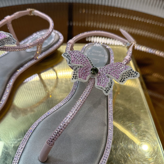 RENE CAOVILLA 26S BUTTERFLY THONG SANDALS IN SILVER & PINK LAMBSKIN