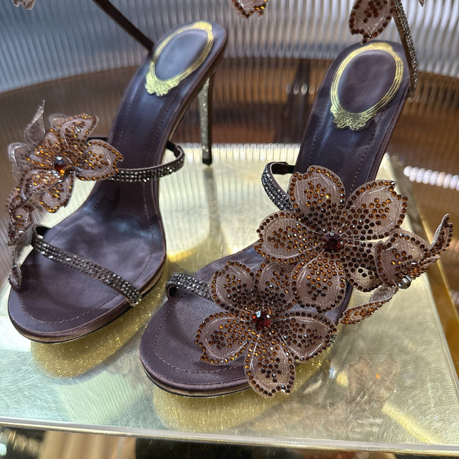 RENE CAOVILLA 26S FLORIANE HIGH HEELS 95 MM IN BROWN LAMBSKIN FLOWER EMBELLISHED STRAP