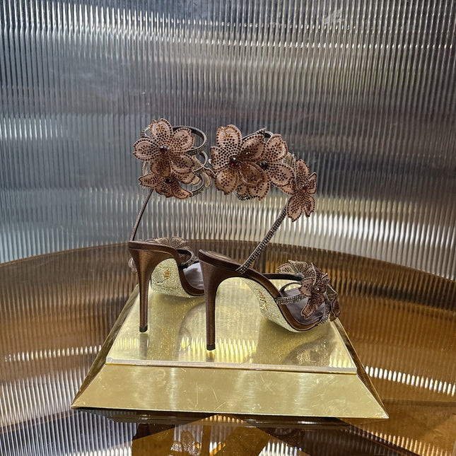 RENE CAOVILLA 26S FLORIANE HIGH HEELS 95 MM IN BROWN LAMBSKIN FLOWER EMBELLISHED STRAP
