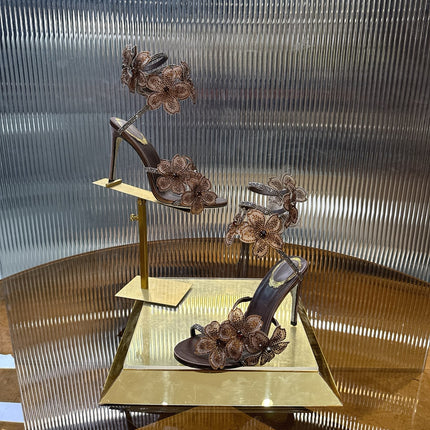 RENE CAOVILLA 26S FLORIANE HIGH HEELS 95 MM IN BROWN LAMBSKIN FLOWER EMBELLISHED STRAP