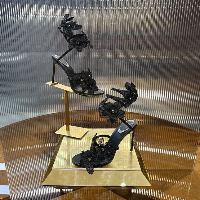 RENE CAOVILLA 26S FLORIANE HIGH HEELS 95 MM IN BLACK LAMBSKIN FLOWER EMBELLISHED STRAP